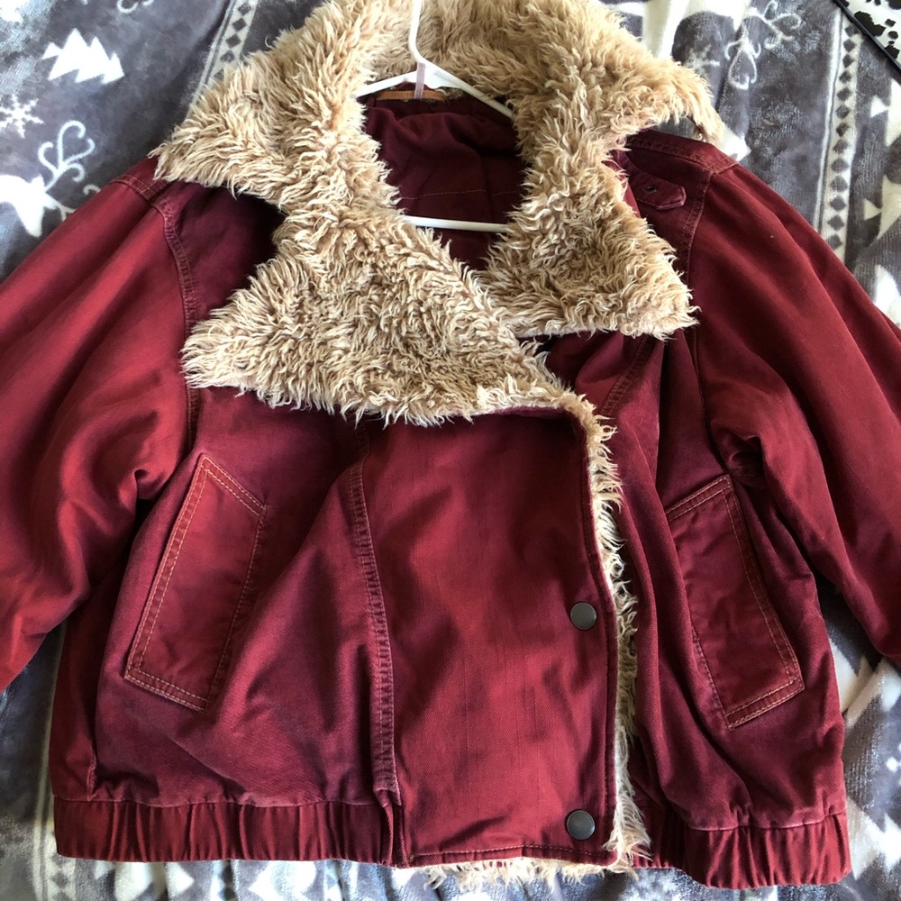 Free People Owen Wine Red Oversized Sherpa Jacket